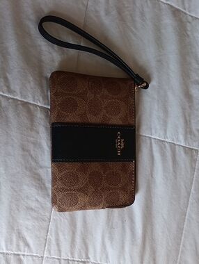 Coach Brown Signature Wristlet with Black Accent
